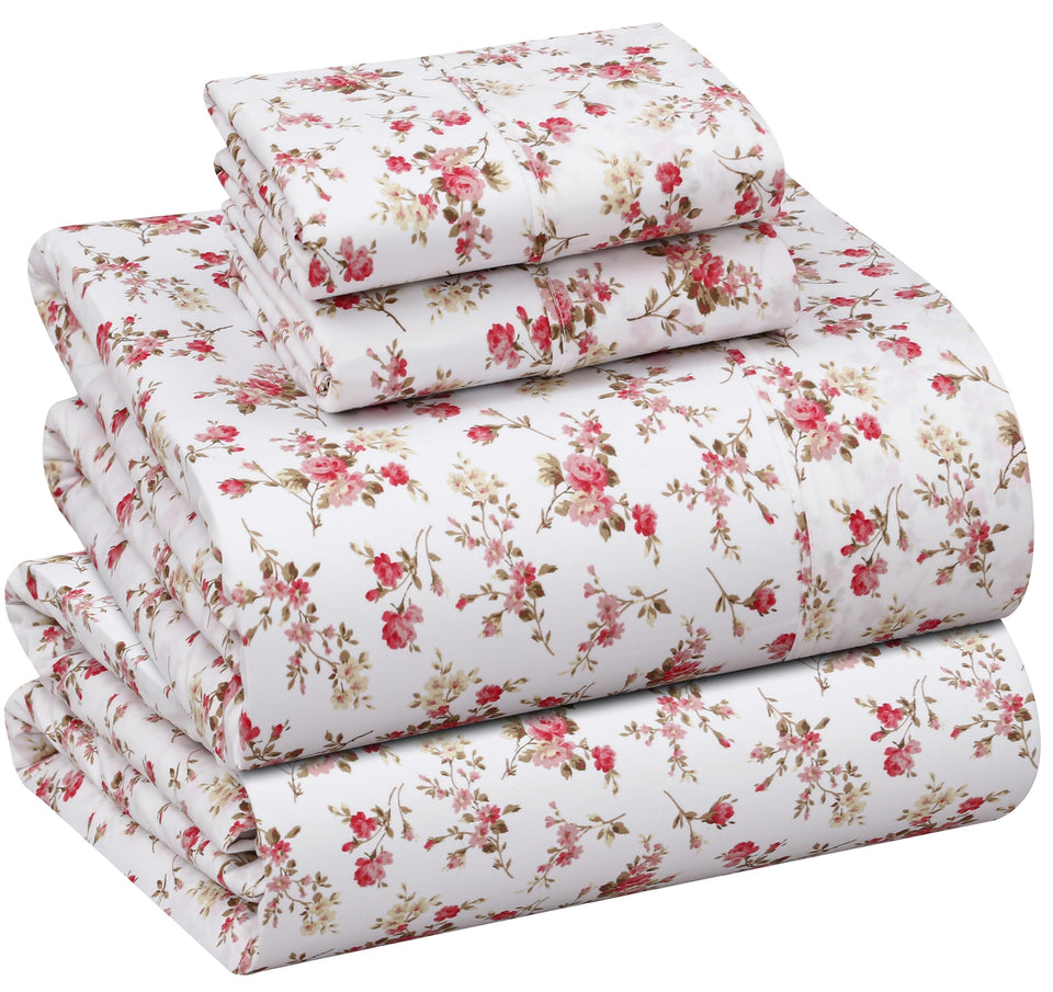 RUVANTI Bouquet percale sheets queen flat-lay showing crisp cooling weave for hot sleepers