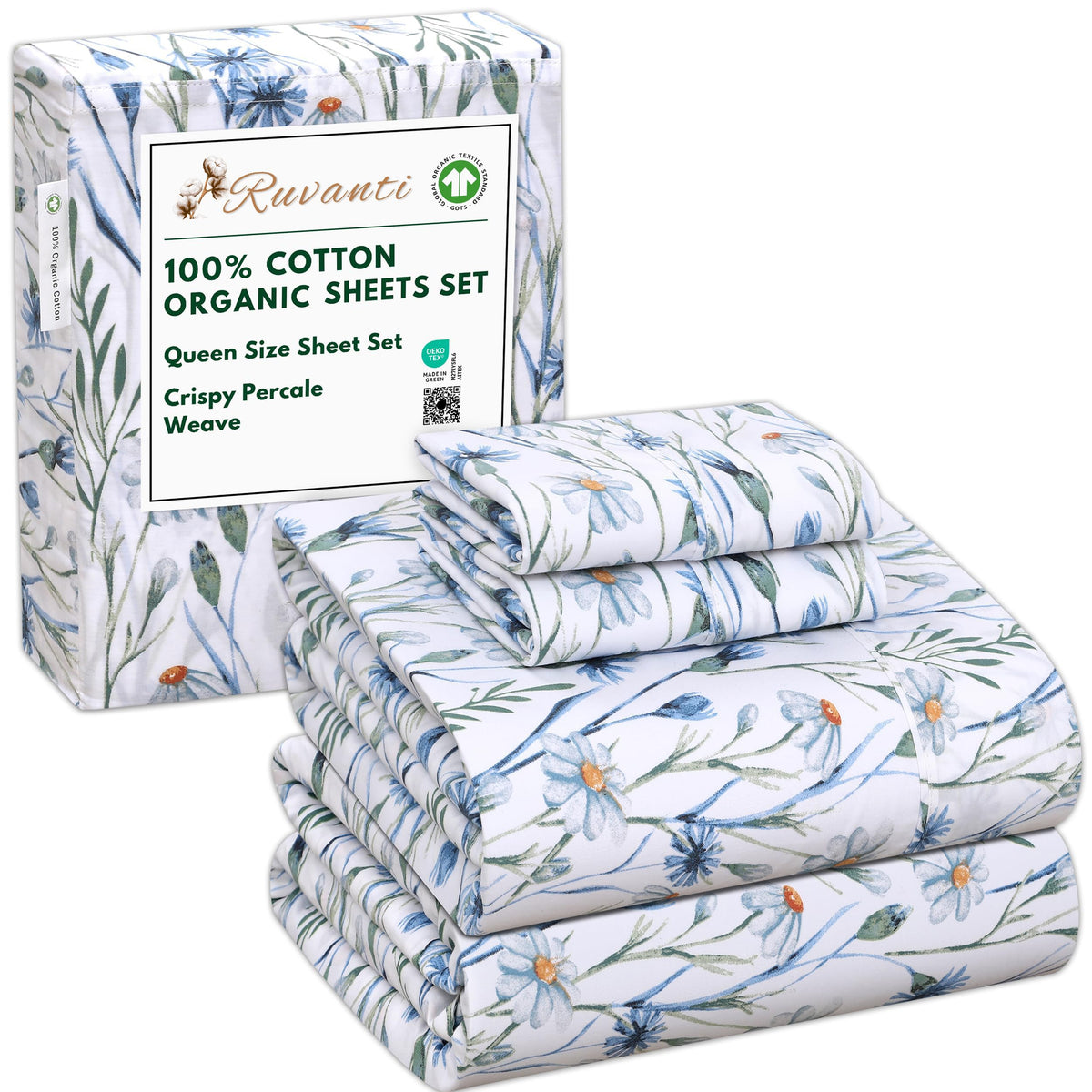 RUVANTI queen flat-sheet close-up highlights breathable percale for cooler nights