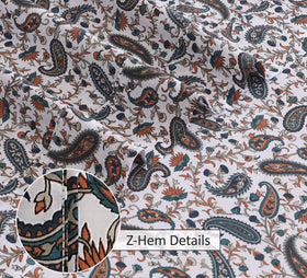 Close-up shows airy percale weave on RUVANTI teal paisley fabric.
