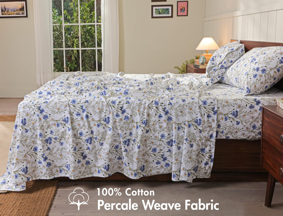 RUVANTI Sweet Pea percale fitted sheet with a 16-inch deep pocket fits mattresses securely.