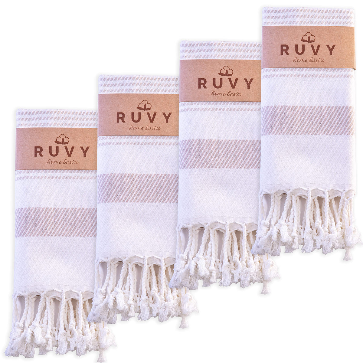 Ruvy Turkish cotton hand towels folded in beige for soft, quick-drying bath use.
