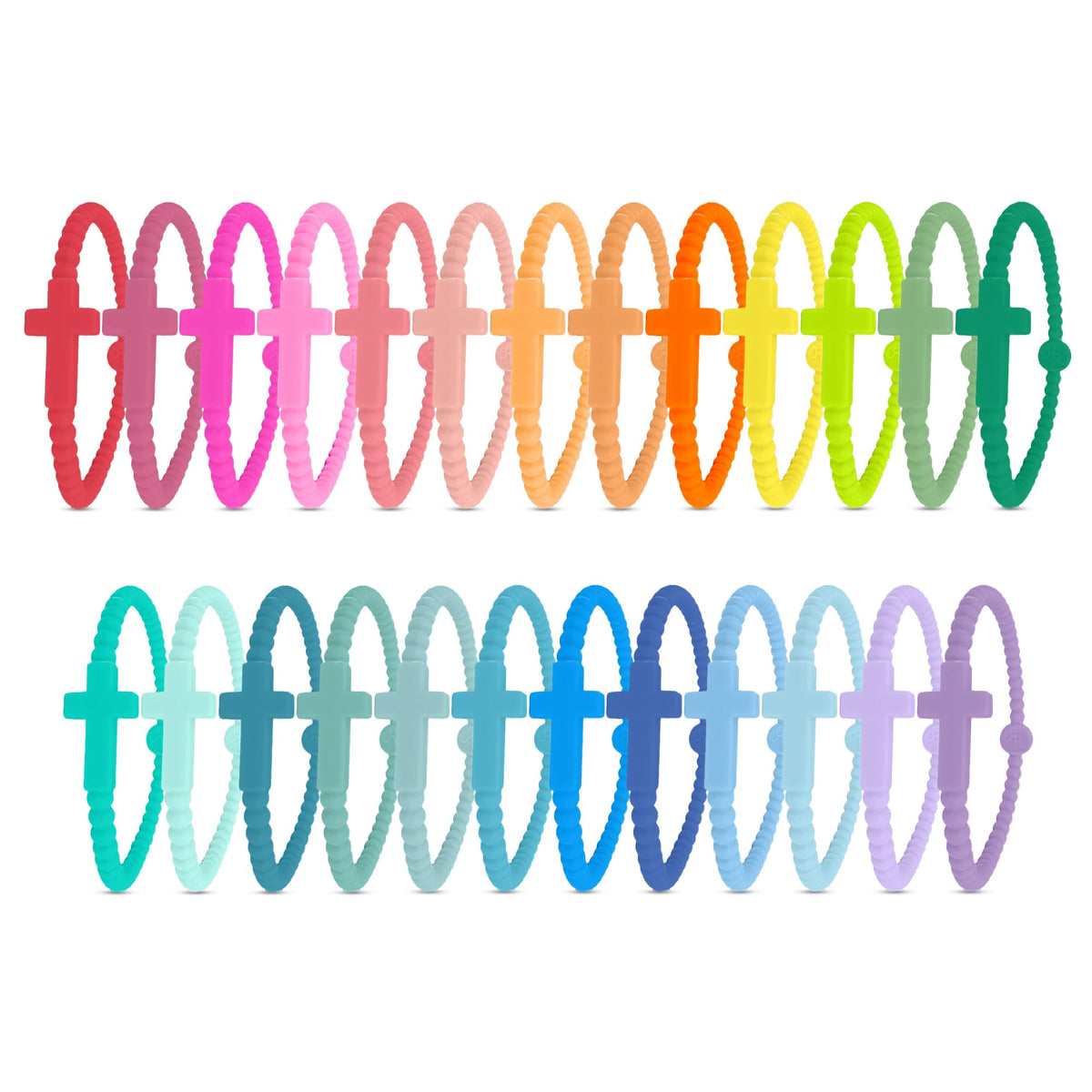 Ryan & Rose Jesus Bracelet Cross silicone Kaleidoscope 25-pack closeup shows soft, durable material.