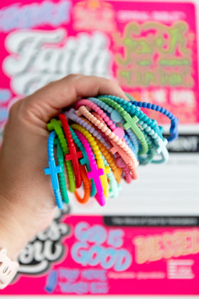 Ryan & Rose Jesus Bracelet Cross silicone Kaleidoscope 25-pack worn on wrist for daily inspiration.