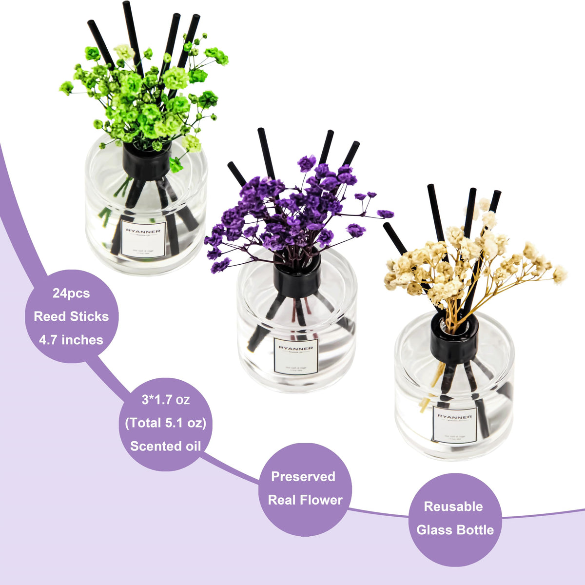 RYANNER white-jasmine diffuser bottle delivers a clean floral note for living rooms.
