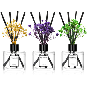 RYANNER reed diffuser 3-pack enhances room ambiance with lasting scents and decorative bottles.