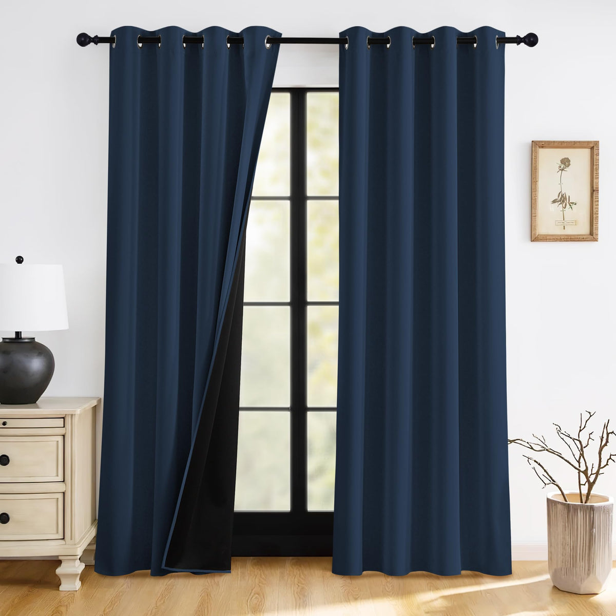 RYB HOME blackout curtain in navy blue blocks sunlight for restful daytime sleep.