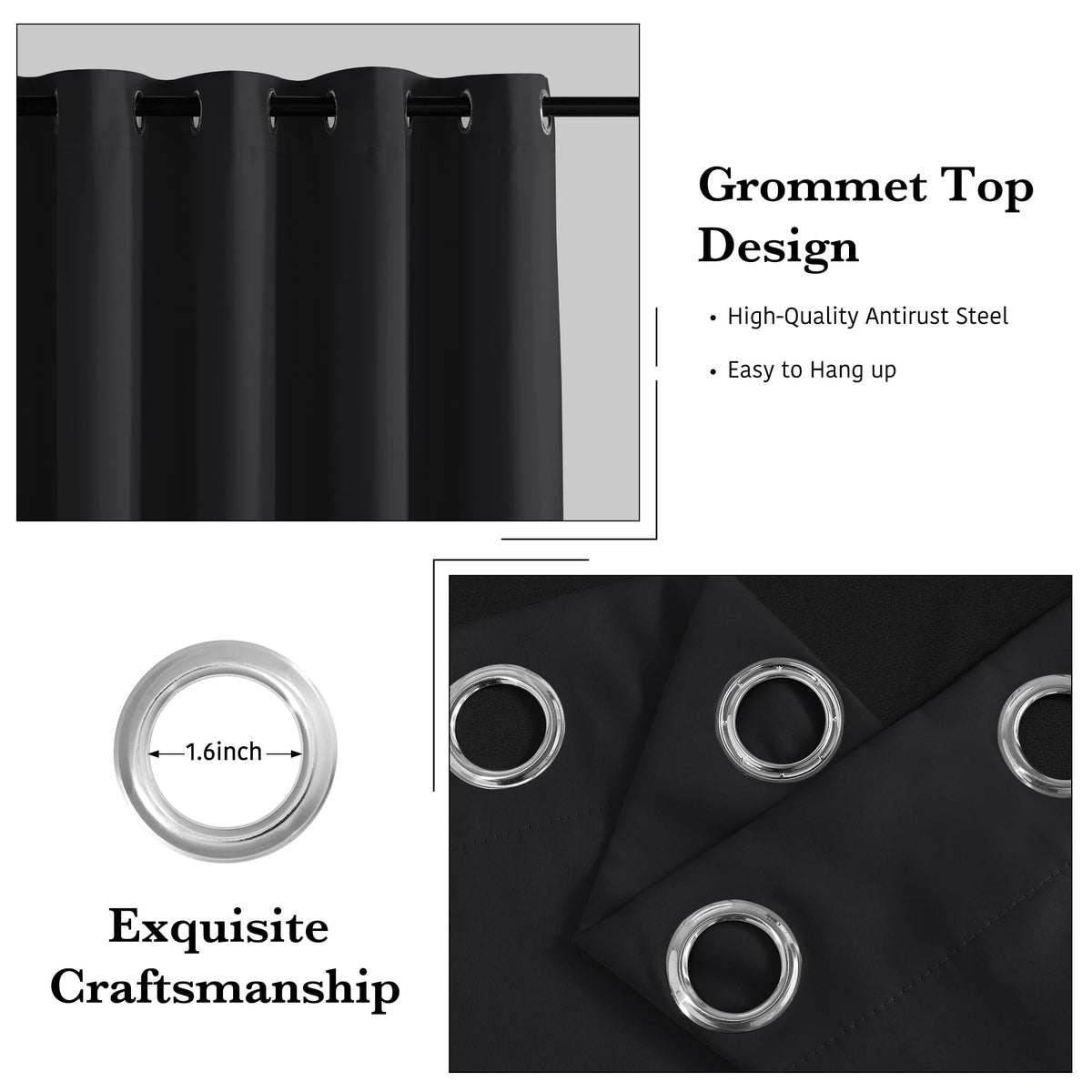 RYB HOME blackout curtains grommet-top detail highlights easy hanging and smooth operation.