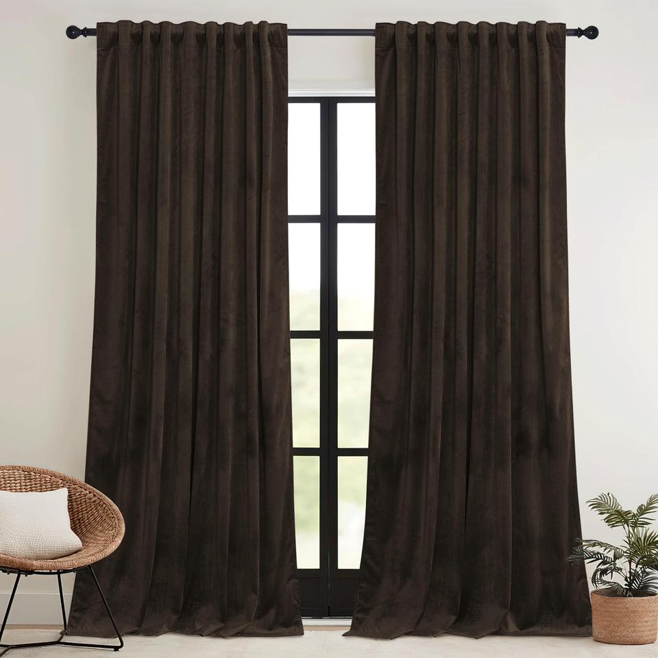RYB HOME brown velvet blackout curtains in closed panel showcase rich texture and room-darkening effect.