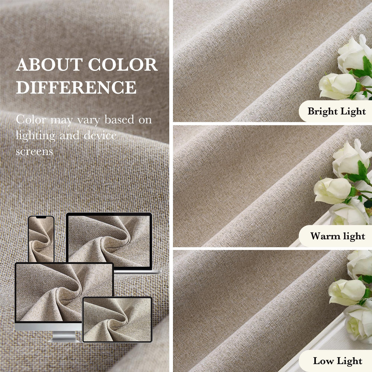 RYB HOME curtain care details indicate machine washable fabric for busy homes.