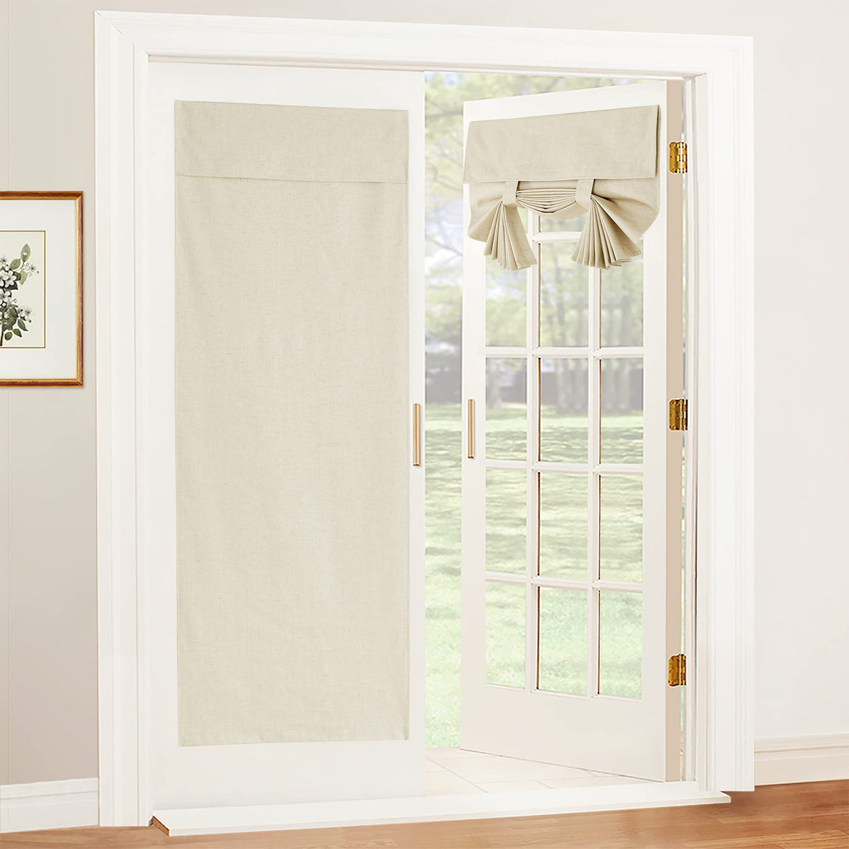 RYB HOME door curtain setup shows quick adhesive installation on glass doors.