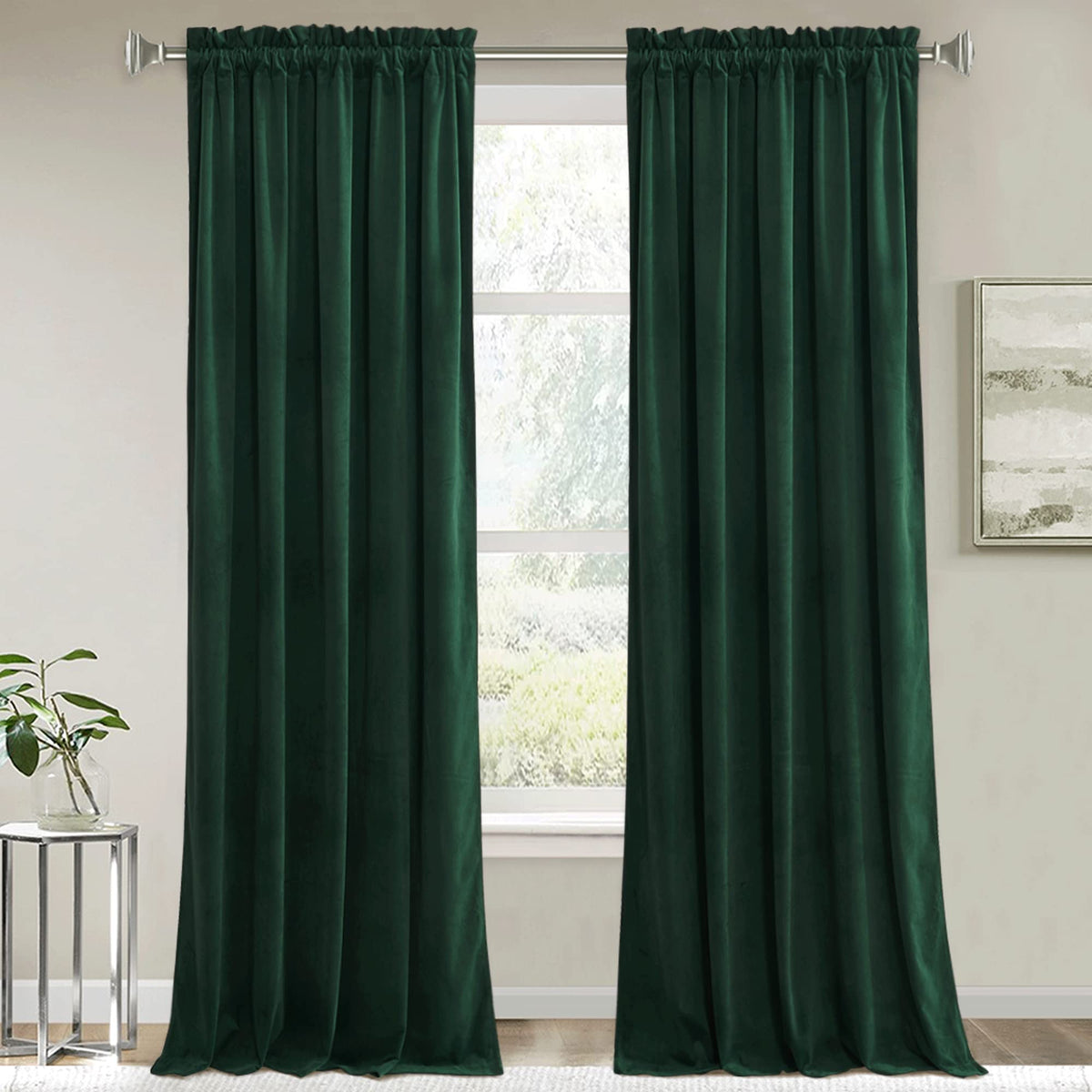 RYB HOME green velvet curtain panel, front view showing plush texture for living spaces