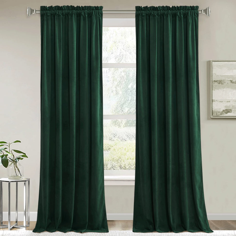 RYB HOME green velvet curtain panel, front view showing plush texture for living spaces
