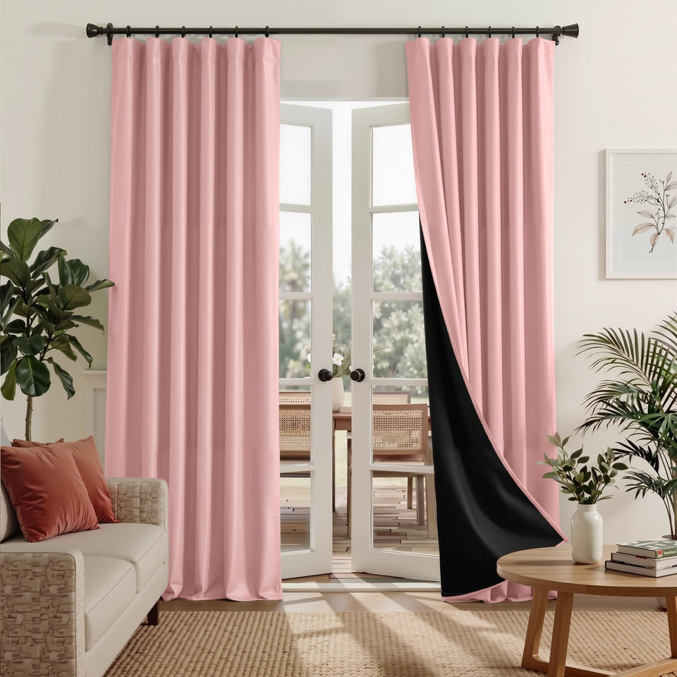 RYB HOME pink 2-panel blackout curtains blocking all light for bedrooms.
