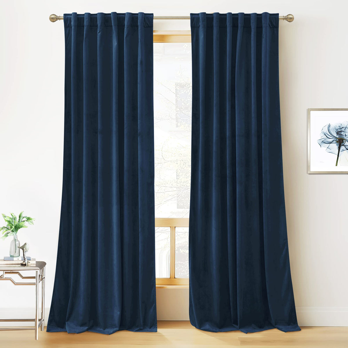 RYB HOME velvet curtains navy blue panel close-up showing plush fabric for a refined living room