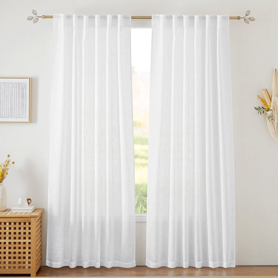 RYB HOME white sheer curtains with linen texture for soft light filtering