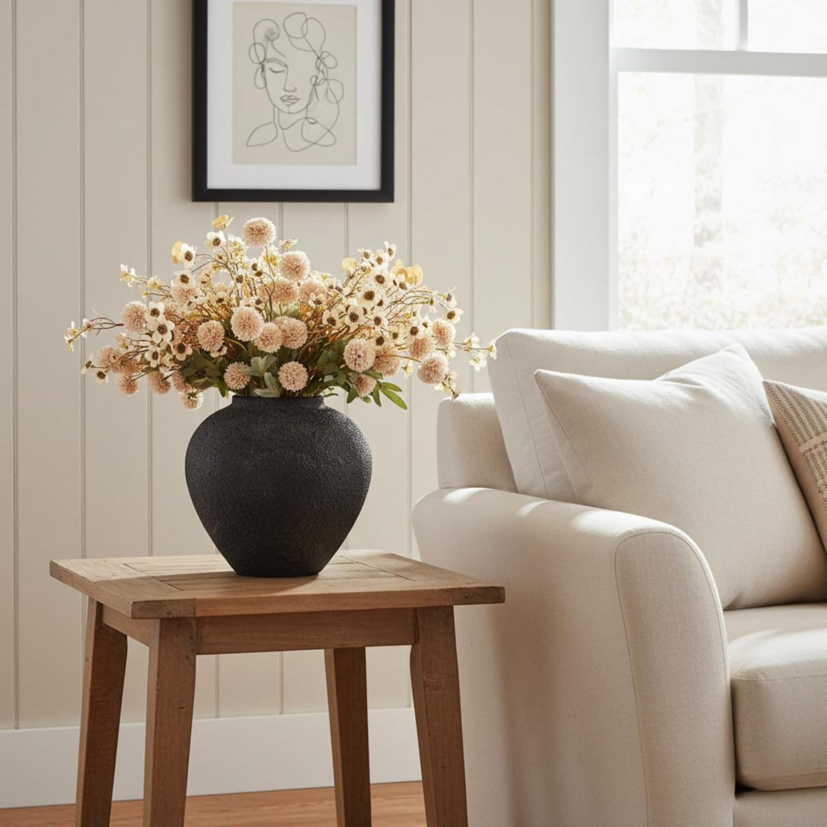 RyddeligHome Arina black round vase in a neutral room styling