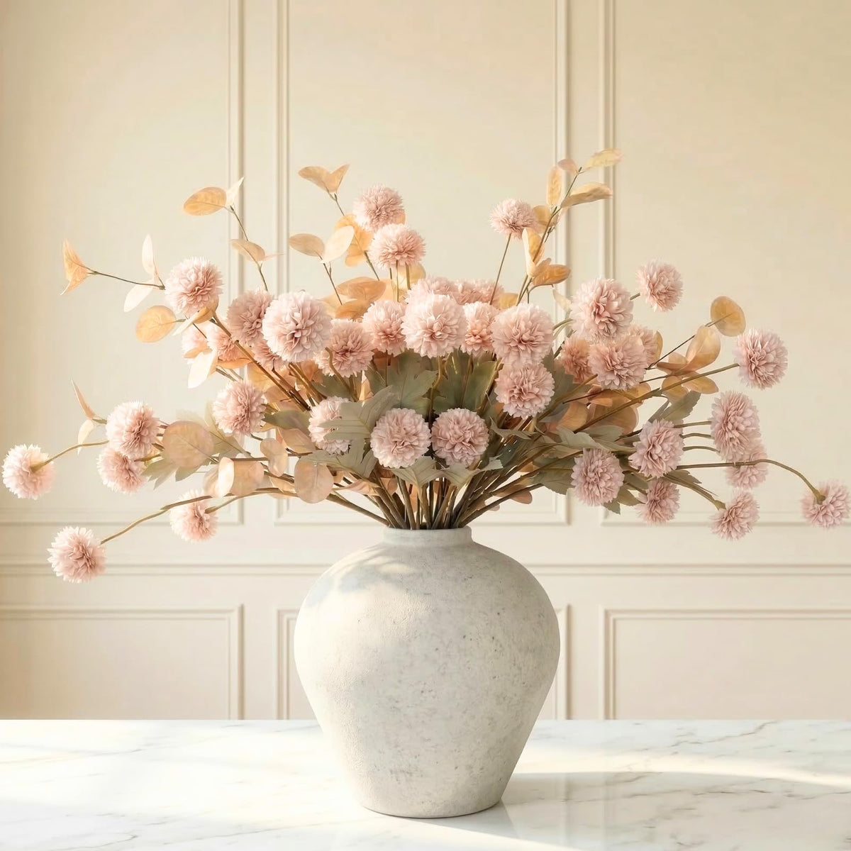 RyddeligHome artificial beige silk mums with eucalyptus stems for timeless table decor.