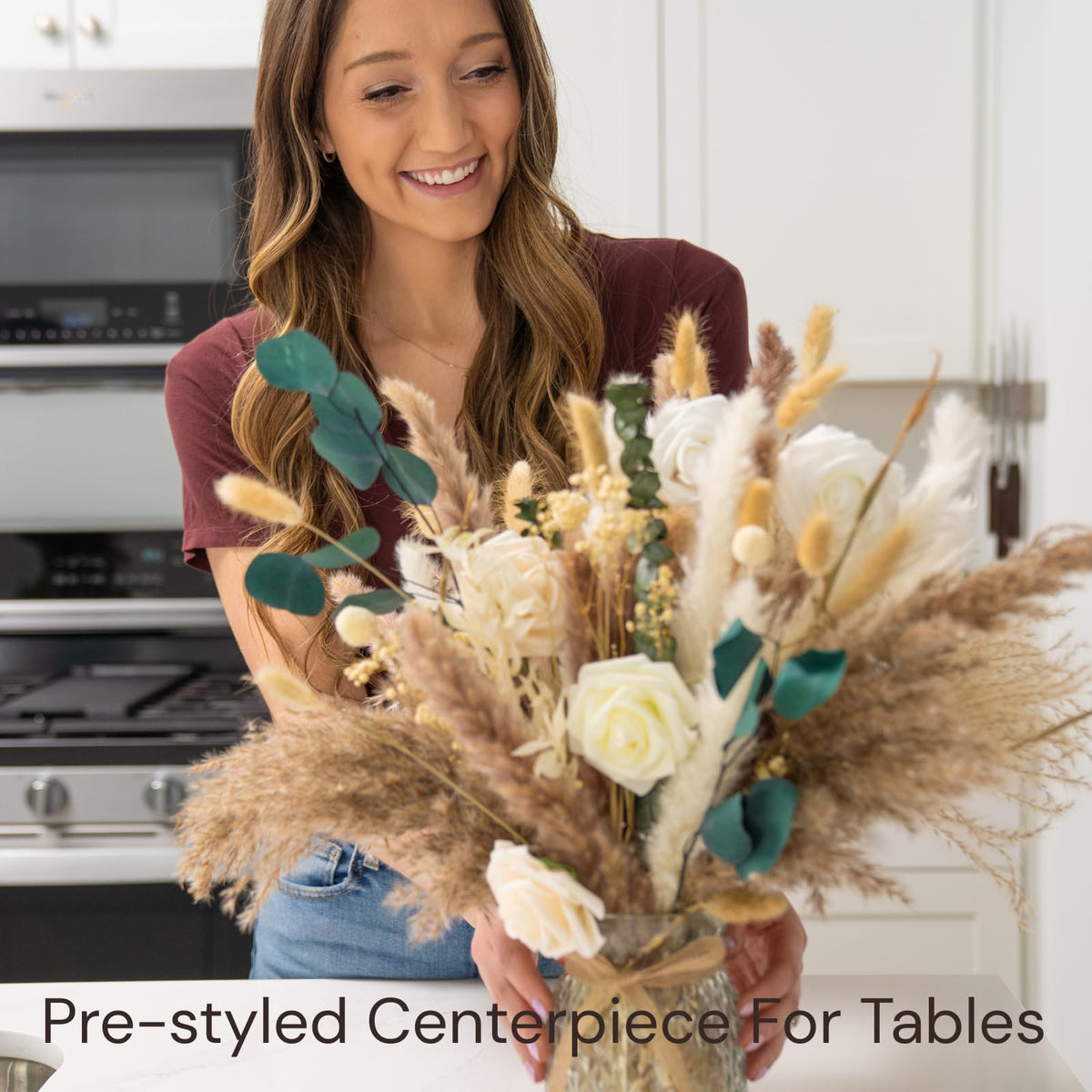 RyddeligHome artificial flower arrangement with pampas, roses, and foliage