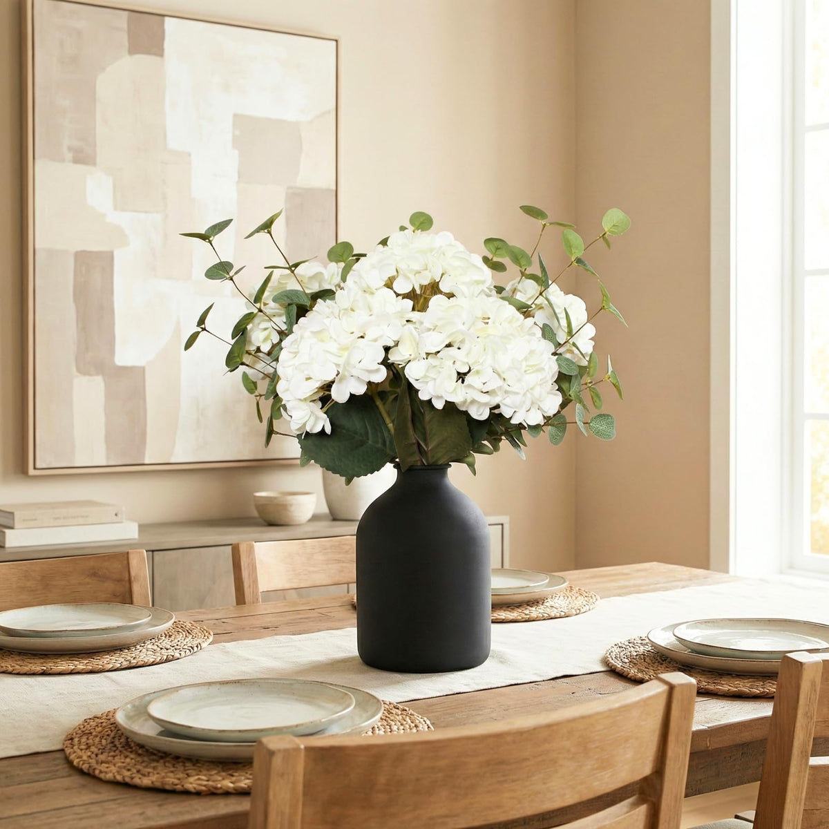 RyddeligHome Real Touch arrangement features five hydrangea heads with eucalyptus for versatile living room styling.