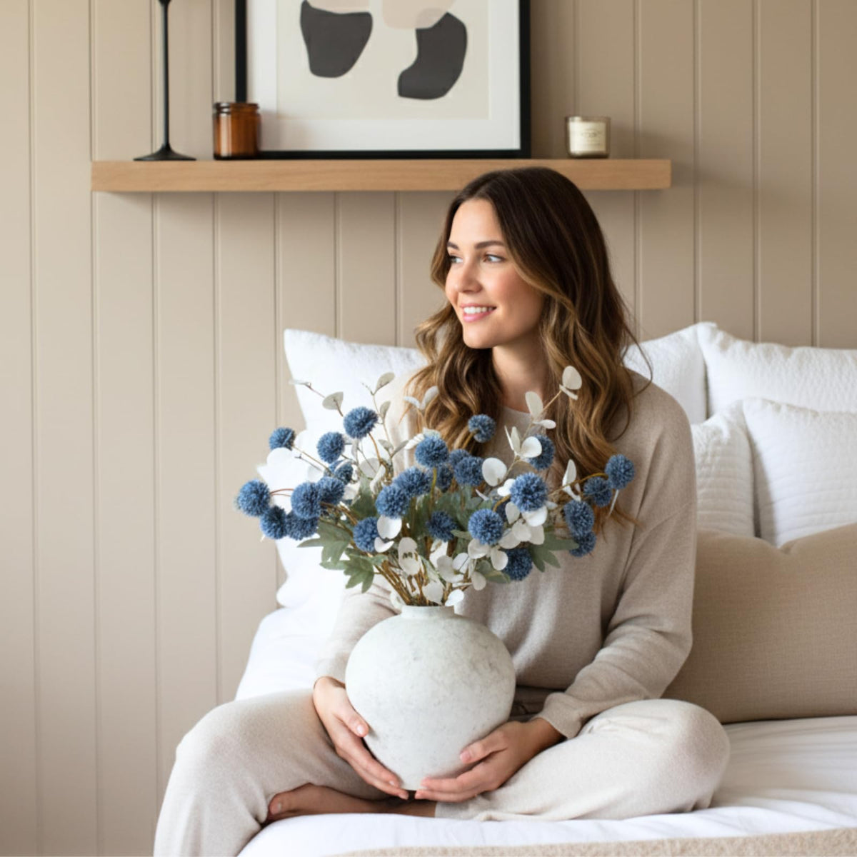 RyddeligHome white eucalyptus stems accent dusty blue blooms beautifully.