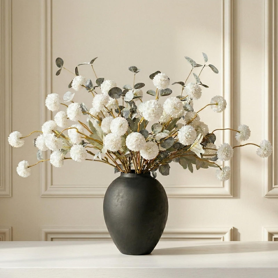 RyddeligHome white Kiku flowers on tall stems for tall vase centerpieces.