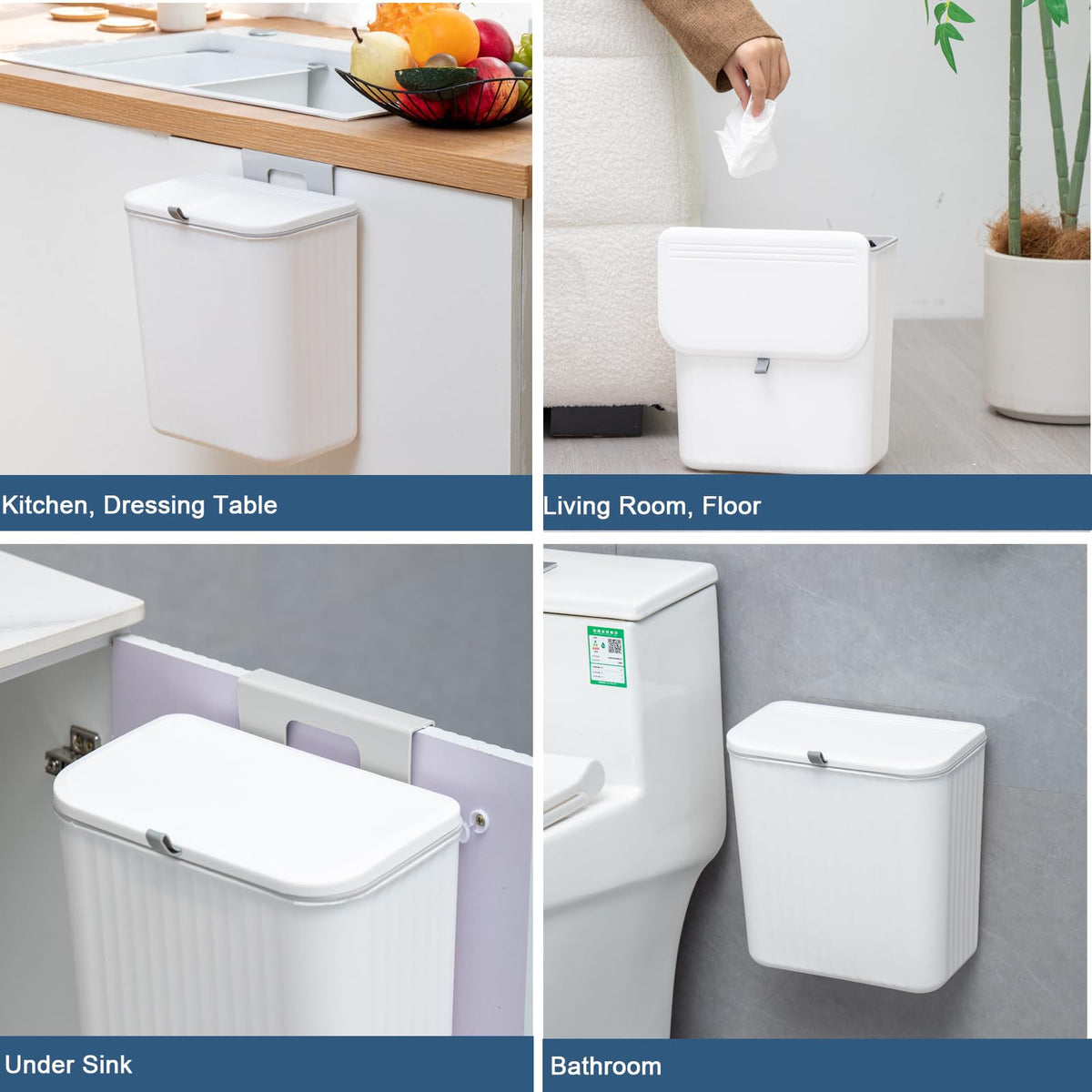 Ryhiac bathroom trash bin blends with white interiors for small waste tasks.