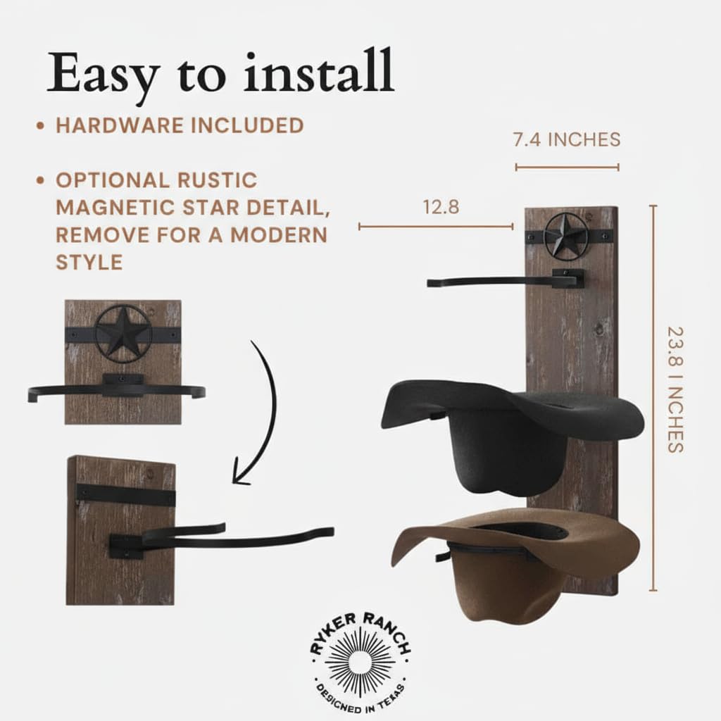 Ryker Ranch wall hat rack dimensions 7.4 by 23.8 by 12.8 inches
