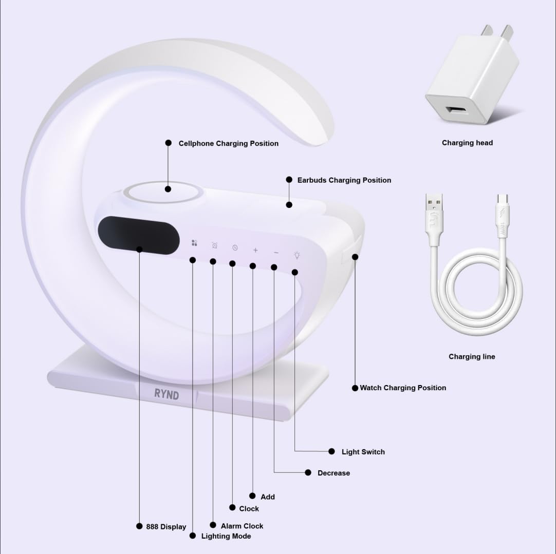RYND multi-device charging area powering phone, watch, and earbuds together