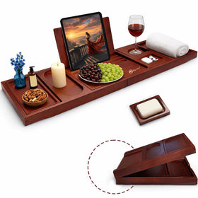 RYNEX bamboo bath tray extends to fit larger tubs for stable soaking.