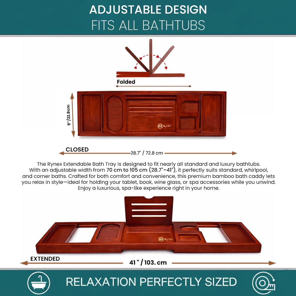 RYNEX bamboo tray with non-slip edges prevents slips during baths.