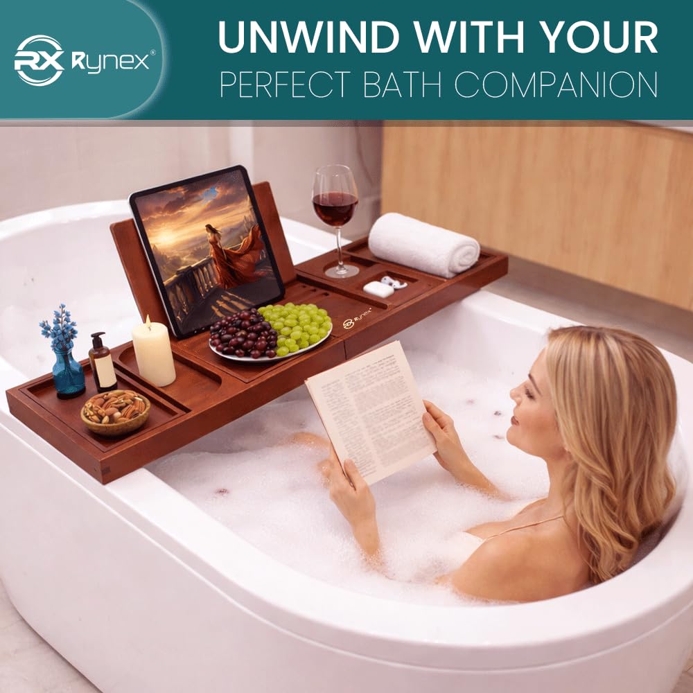 RYNEX walnut-brown bamboo tray blends with bathroom decor and durability.