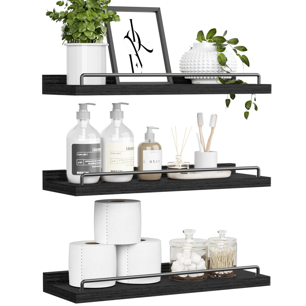 RYOFOBETTO black floating shelves over toilet for bathroom decor.