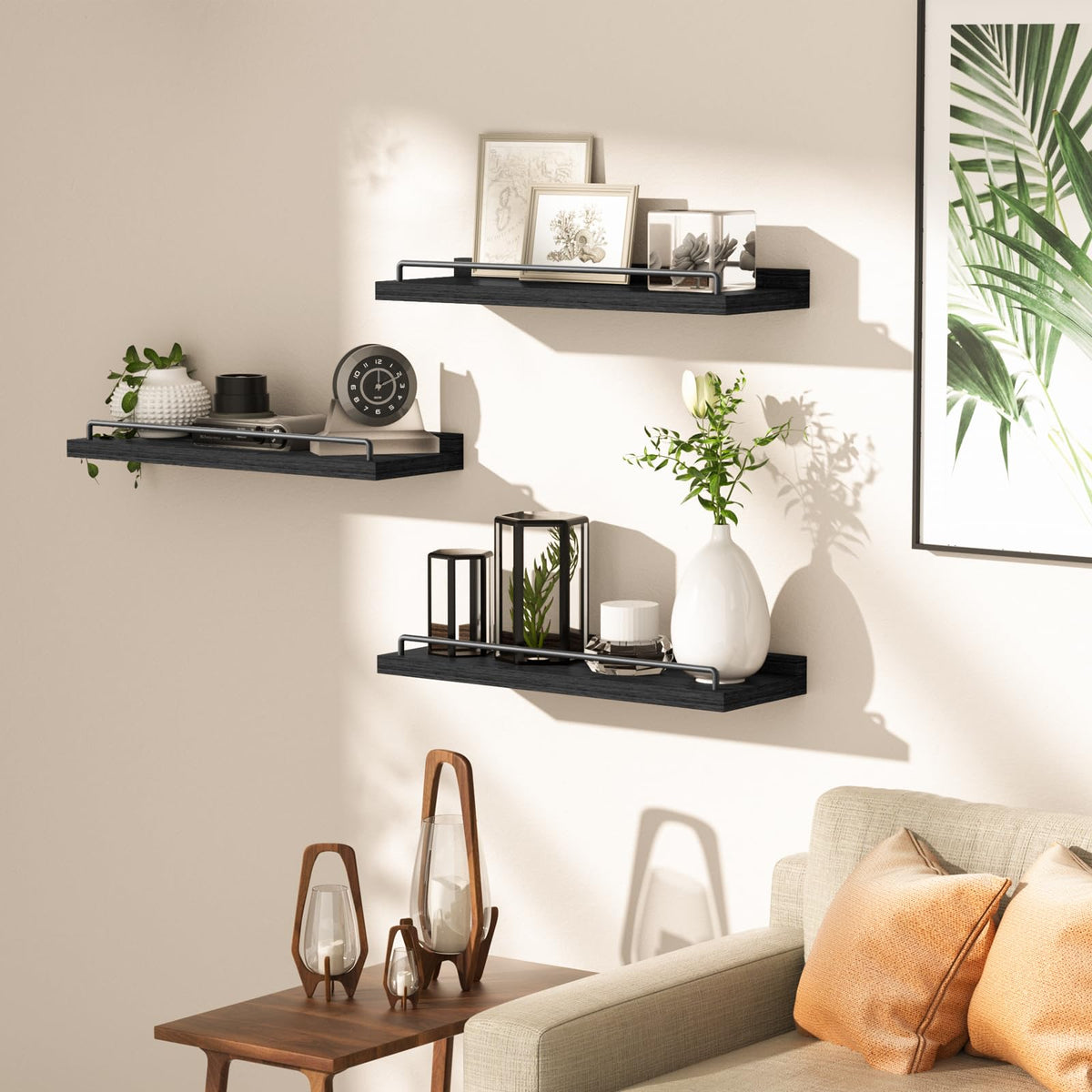 RYOFOBETTO living room decor shelves styled with frames.
