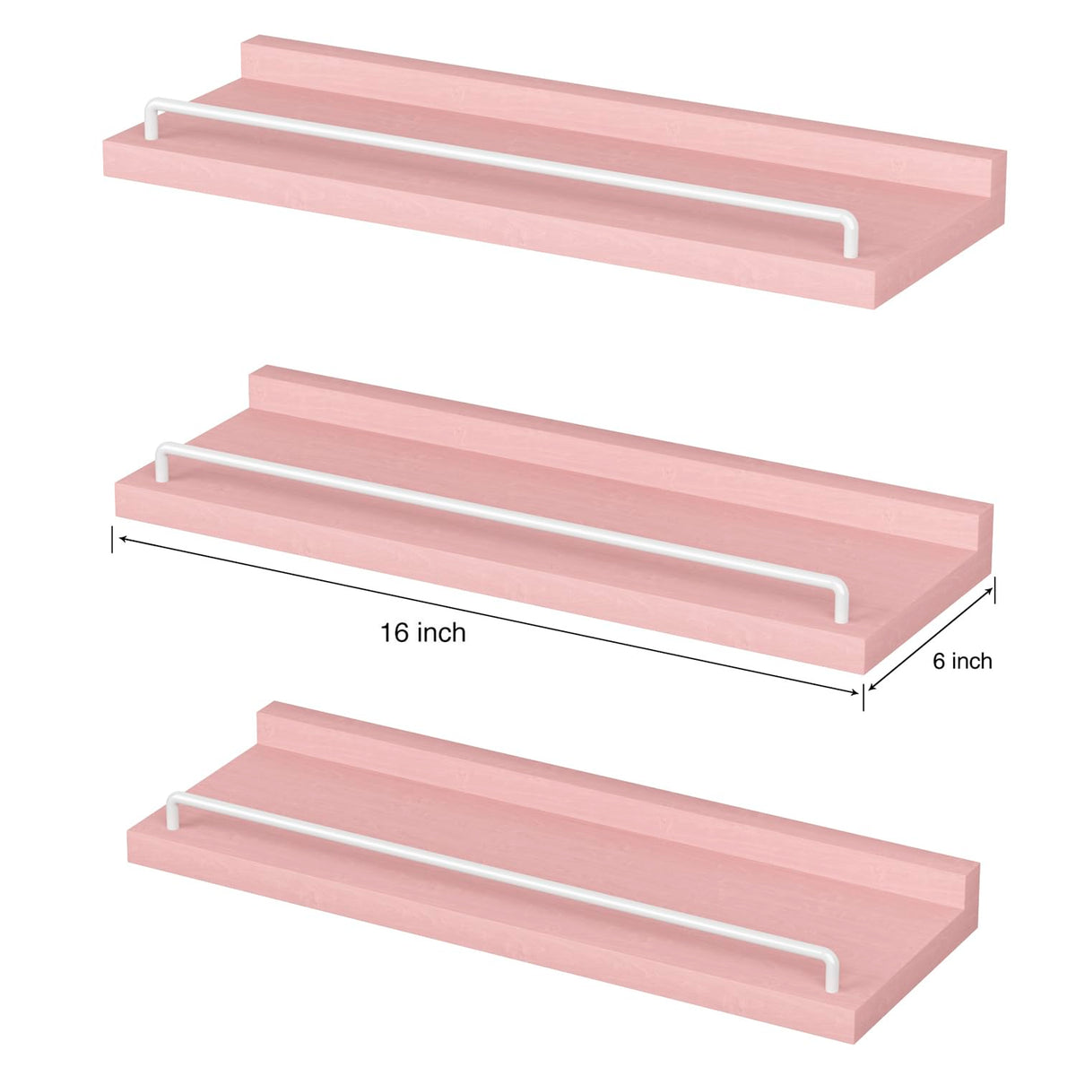 RYOFOBETTO pink and white floating shelves in bedroom display photos and small plants.