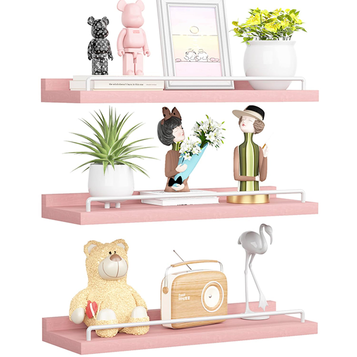 RYOFOBETTO pink and white floating shelves in living room organize books and decor.
