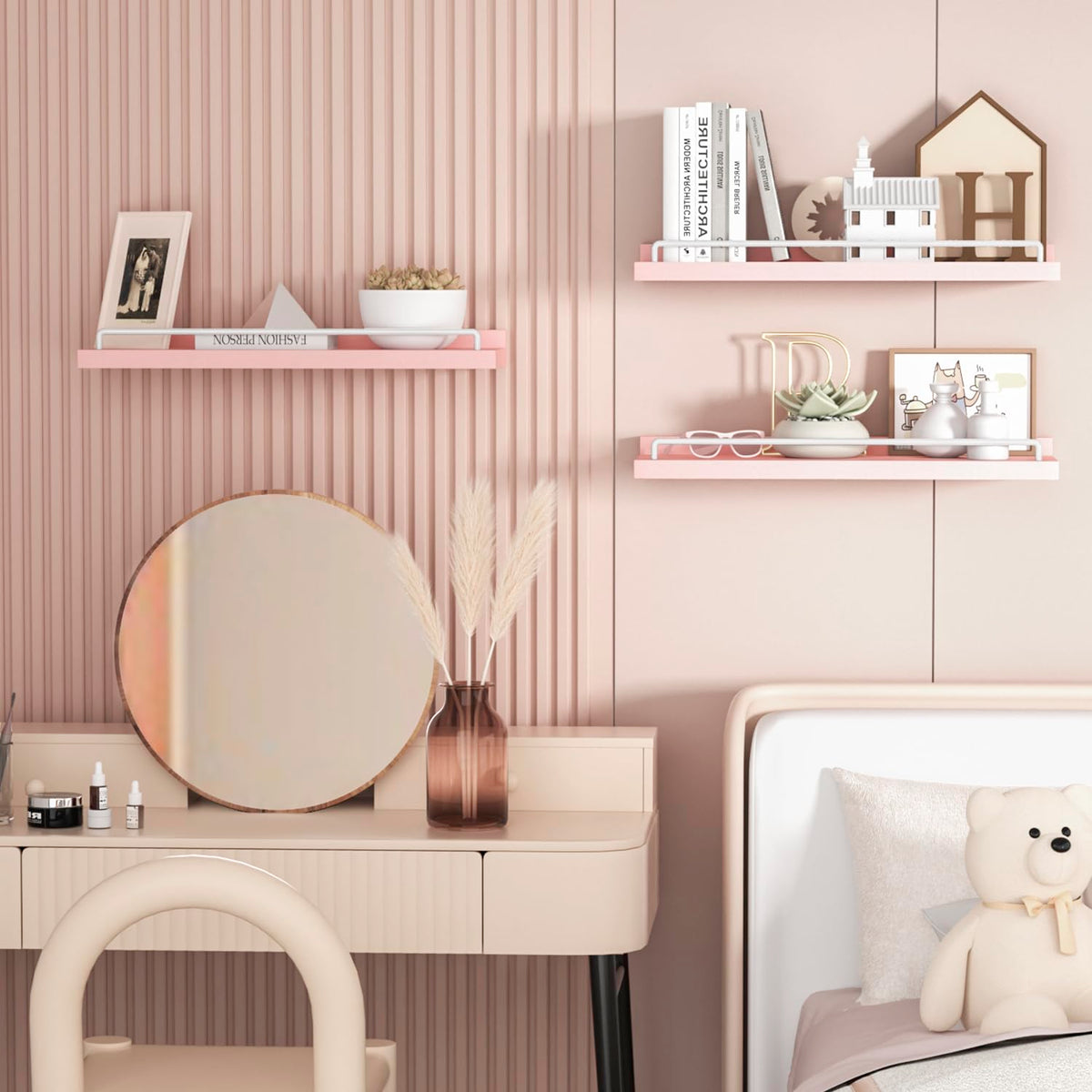 RYOFOBETTO pink and white floating shelves wall installation with clear mounting hardware.
