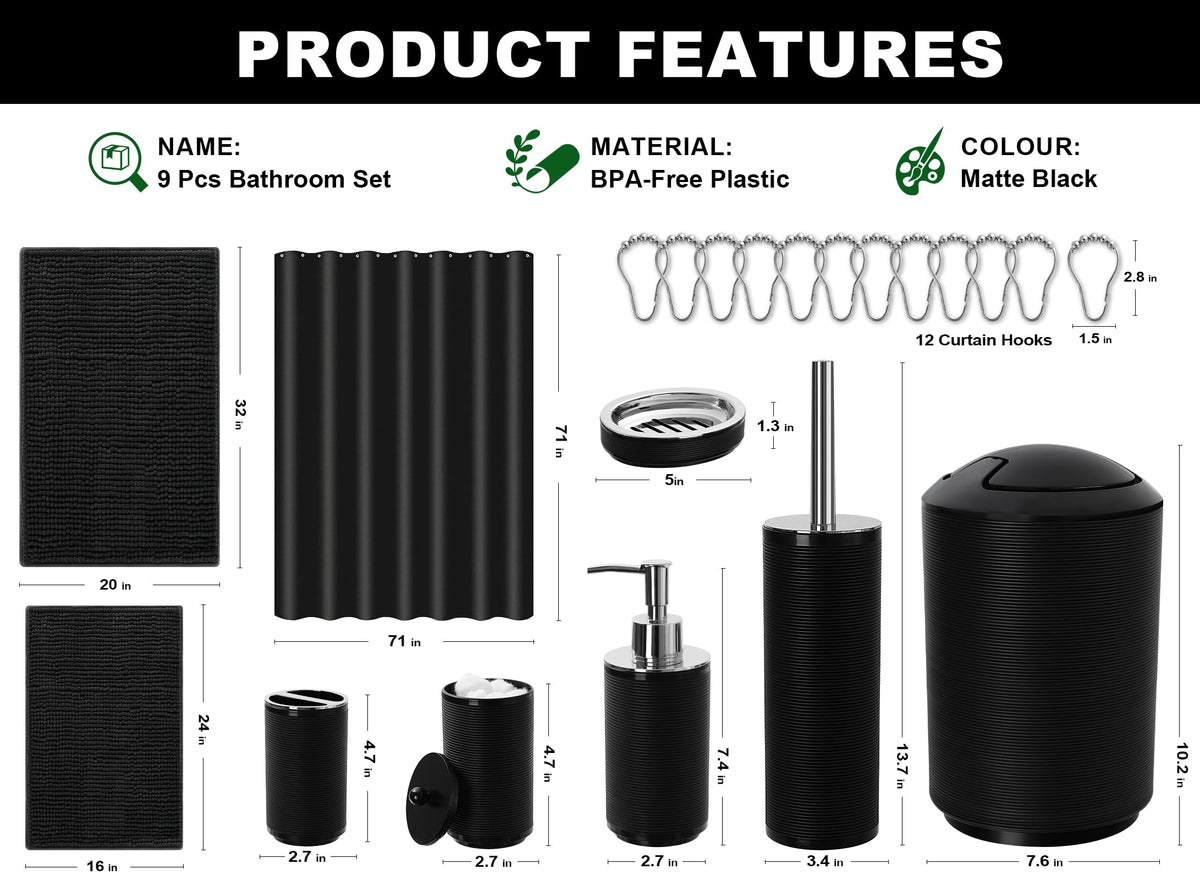 RYTOXILO black bathroom set plush rugs with slip-resistant grip for wet floors