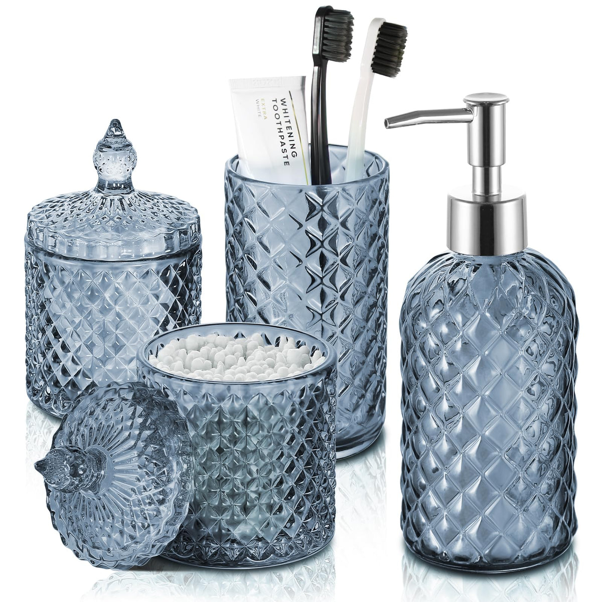 RYTOXILO blue diamond glass soap dispenser on counter