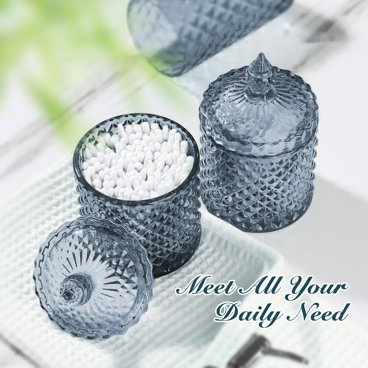 RYTOXILO blue diamond-pattern cotton ball holder stores essentials neatly