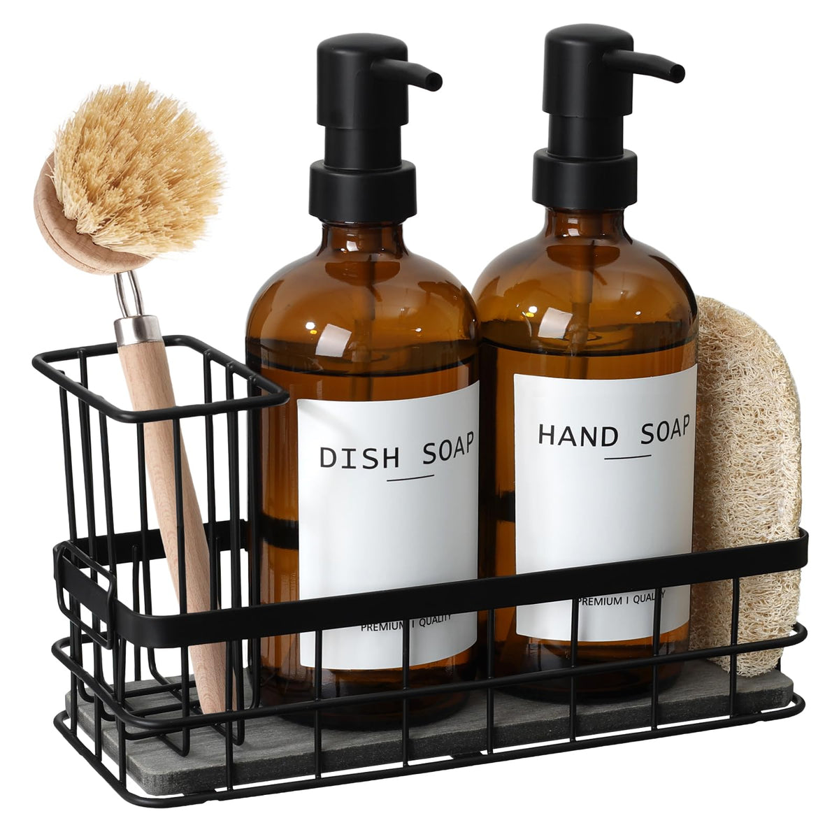 RYTOXILO amber glass dish soap dispenser for durable, refillable kitchen soap storage.
