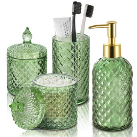 RYTOXILO green glass soap dispenser with diamond pattern for stylish hand soap storage.