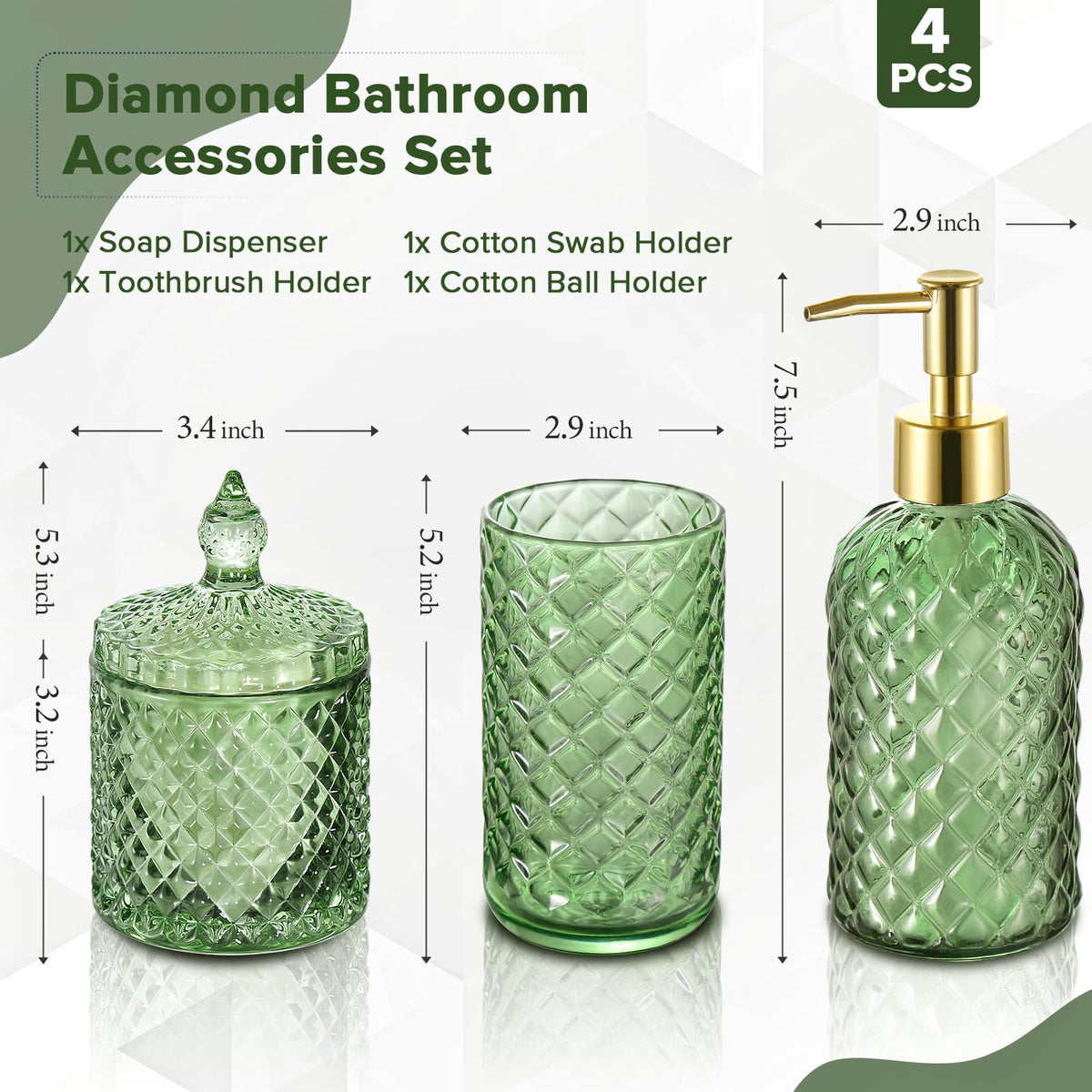 RYTOXILO green glass toothbrush holder with diamond design keeps the counter organized.
