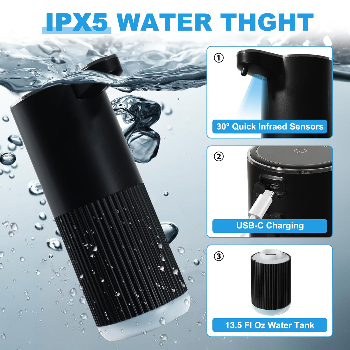 RYTOXILO IPX5 watertight design protects the dispenser in damp spaces.