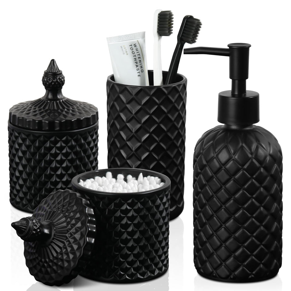 RYTOXILO matte black diamond glass soap dispenser on a clean countertop for easy handwashing.