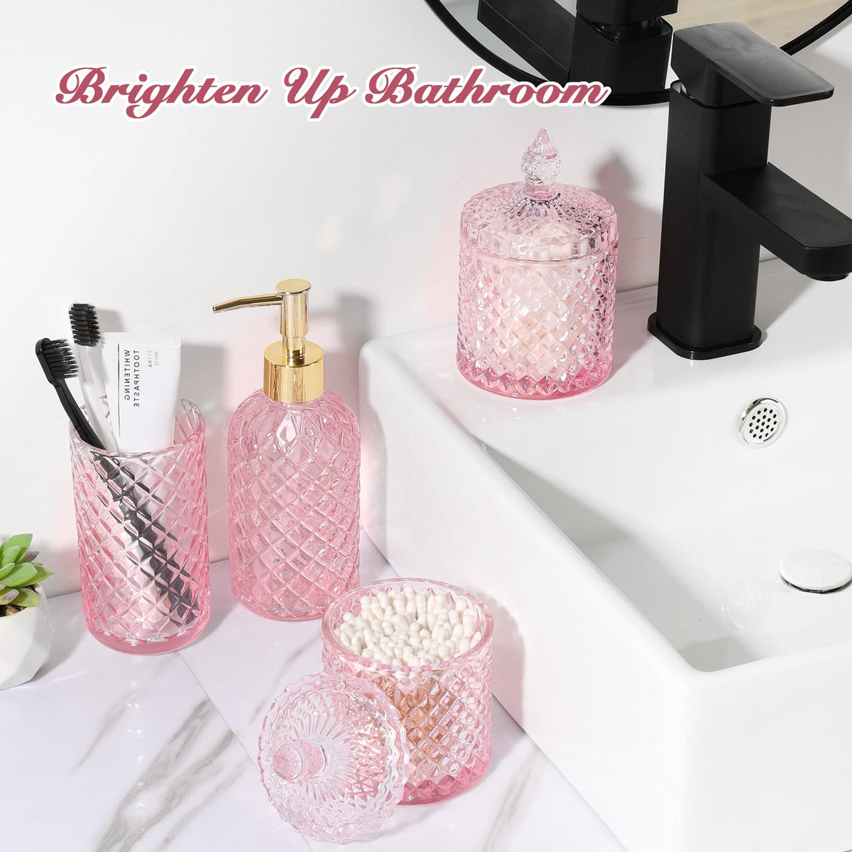 RYTOXILO pink bathroom set displayed on counter complements modern decor.
