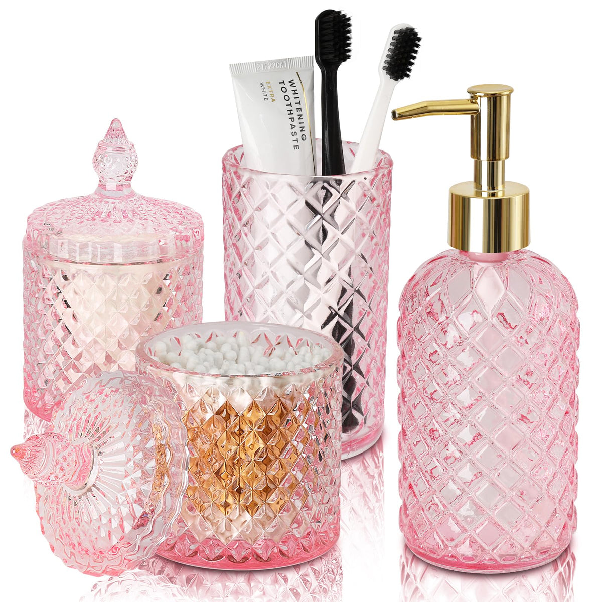 RYTOXILO pink diamond glass soap dispenser on a tidy bath counter, keeping hand soap neatly organized.