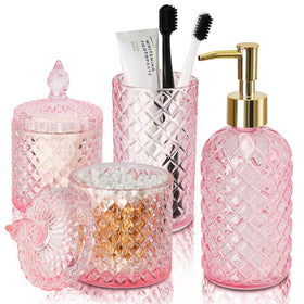 RYTOXILO pink diamond glass soap dispenser on a tidy bath counter, keeping hand soap neatly organized.