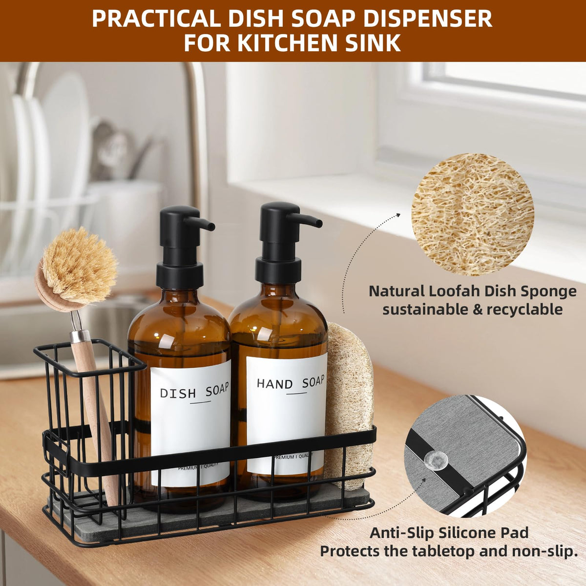 RYTOXILO two amber glass bottles provide reusable, stylish soap storage.