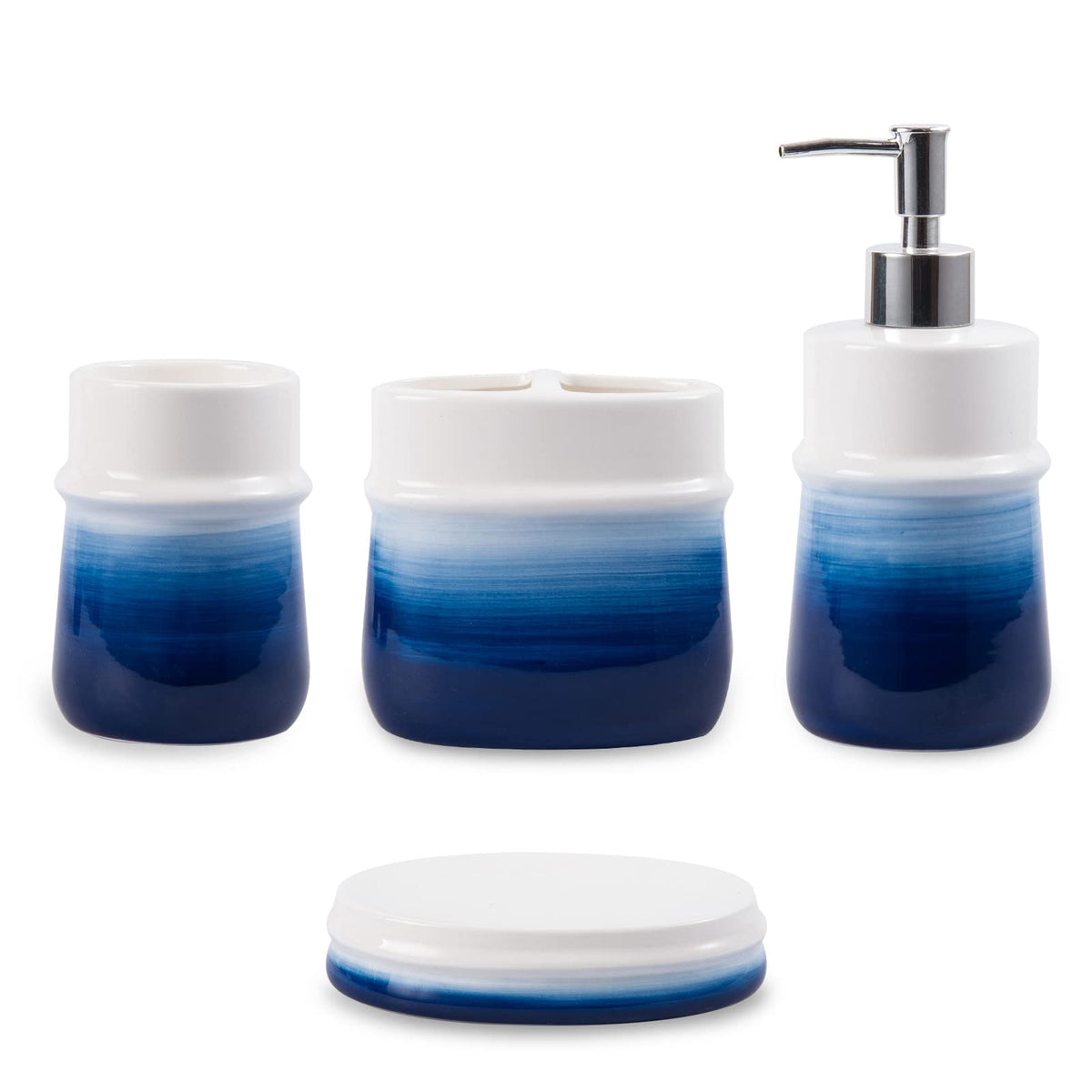RZCNC navy blue bathroom set displayed together on a counter for coordinated organization