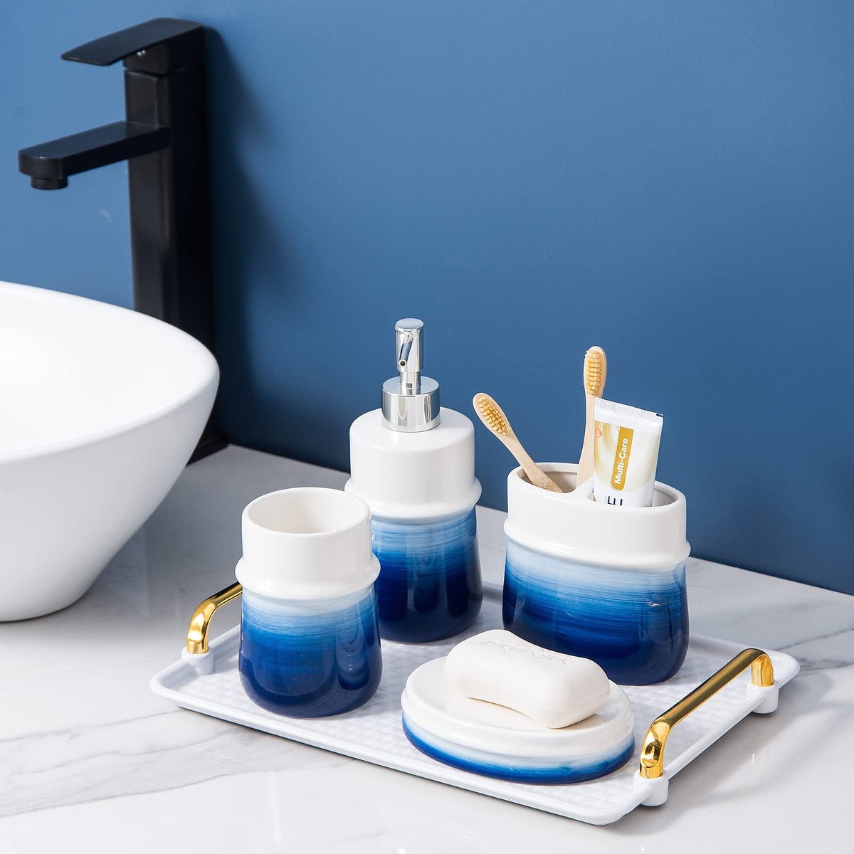 RZCNC soap dispenser in navy blue with a smooth pump action and leak protection